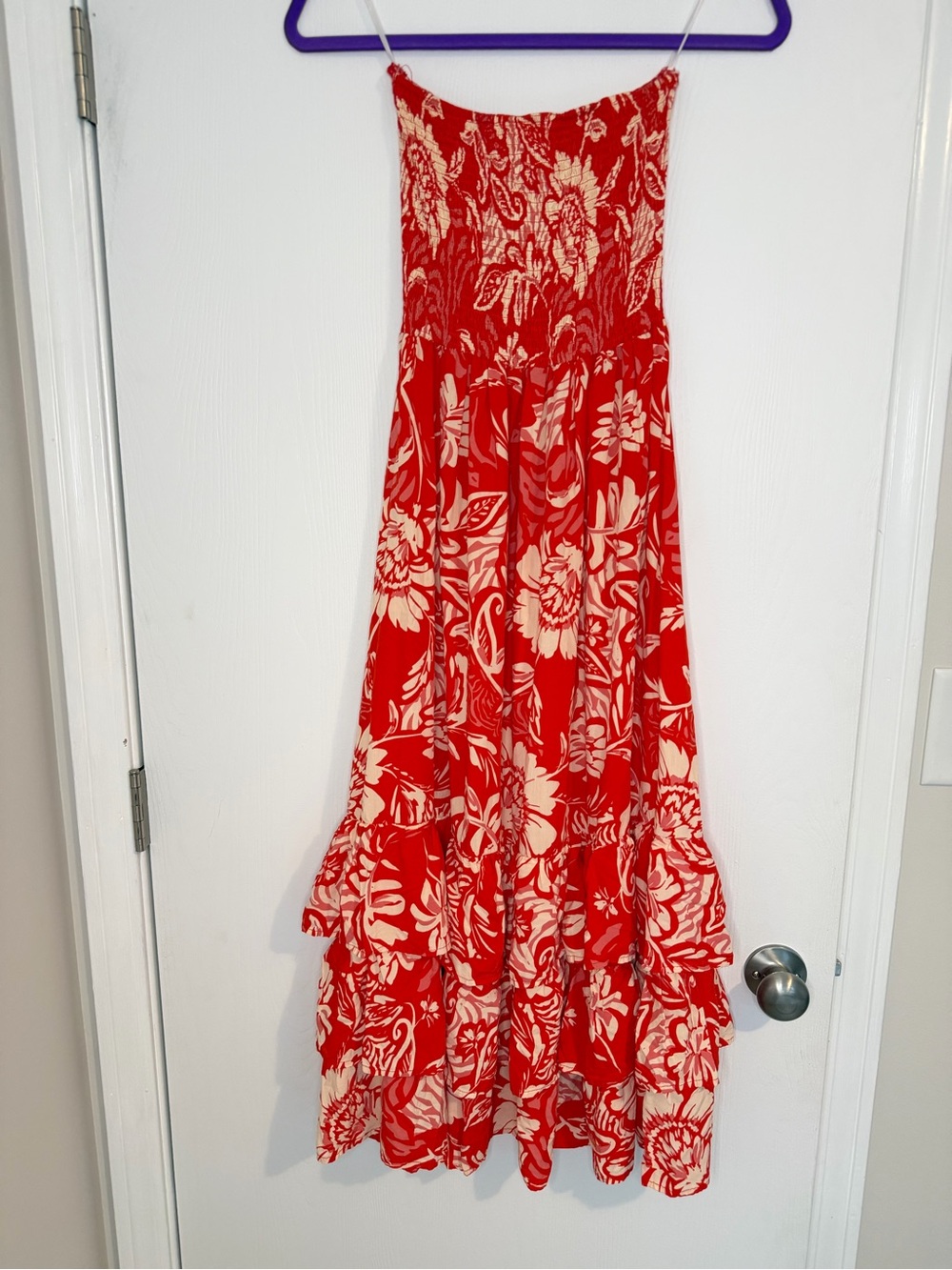 Abel the Label Anthropologie Strapless Red Floral Maxi Dress with Smocked Bodice